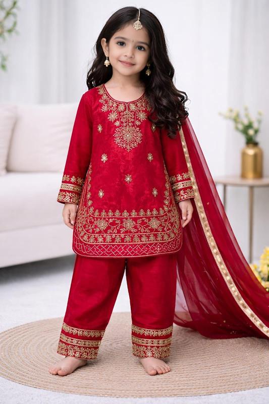 Ramzan Eid Special Kids Festive Silk Red Children clothing supplier in Surat